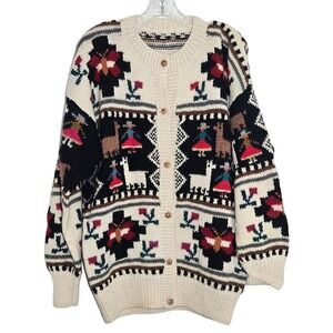 Vintage Style Llama Andean Knit Cardigan Sweater Womens Oversized Multicolor